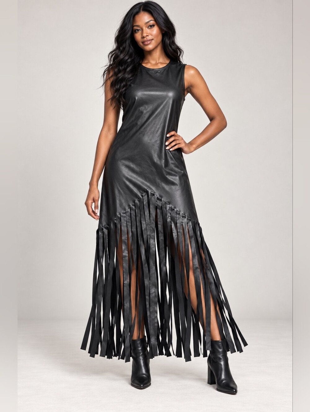Eton Black Faux Leather Fringe Sleeveless Maxi Dress Size Small
